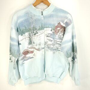 Vtg Winter Scene Graphic Sweatshirt Jacket Women's Med Grandmacore Button Front